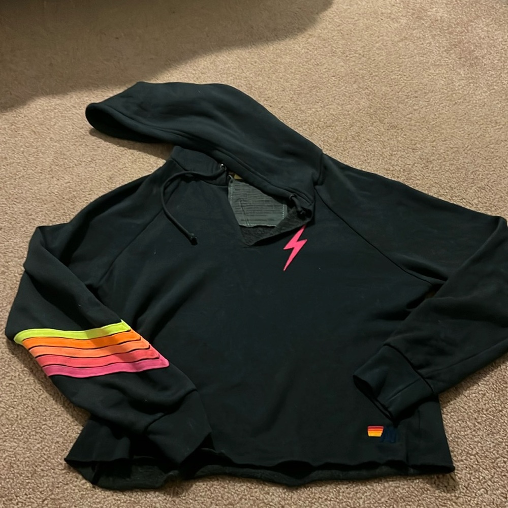 Aviator Nation cropped hooded sweatshirt with neon stripes size medium